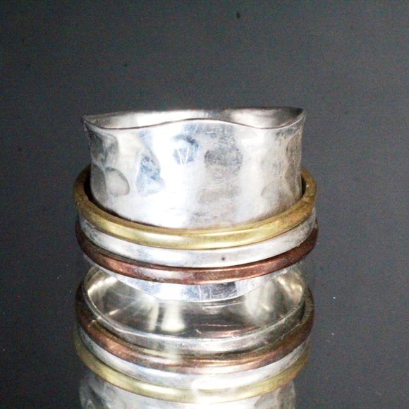 Sterling Silver Brass Modernist Hammered Wide Band Ring - Picture 8 of 8